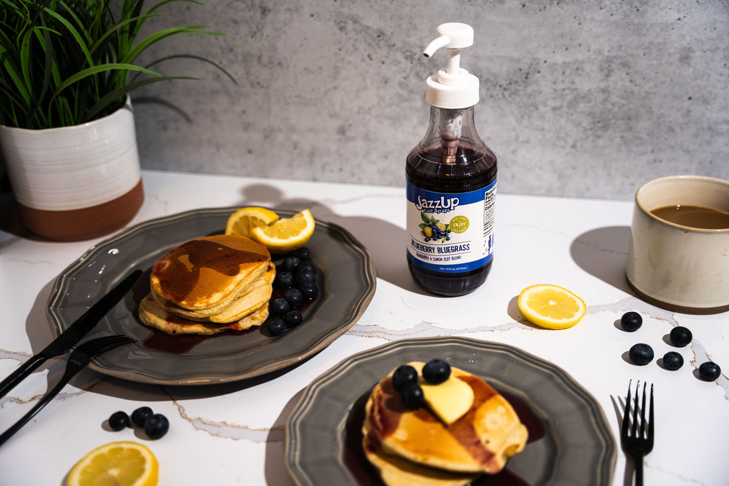 JazzUp® Bluegrass Blueberry Lemon Fruit Syrup and Drink Mixer - Less Sugar & Real Fruit Puree for Pancake, Italian Soda, Smoothie, and Beverage mixing - 16 fl oz (Real Fruit: Blueberry Puree with Lemon Zest)