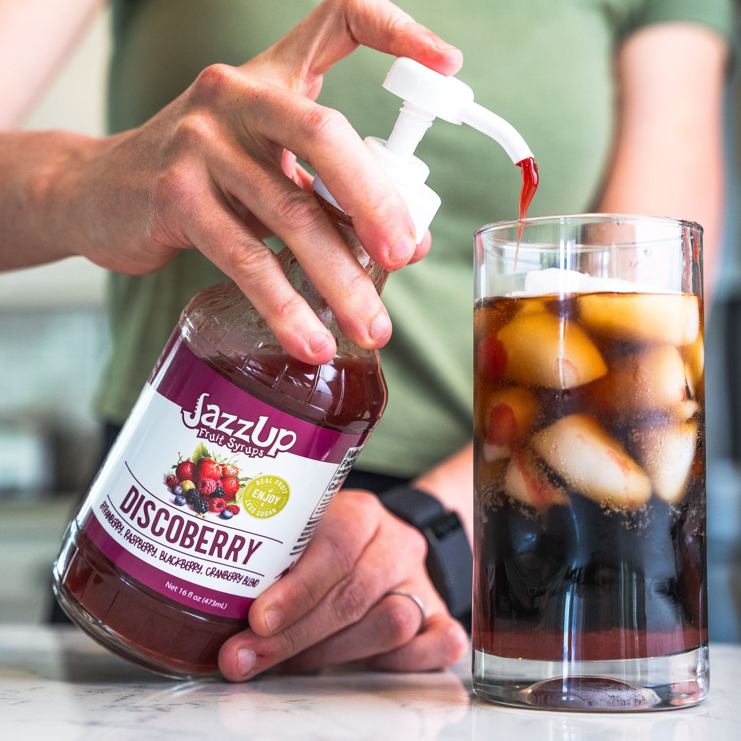 JazzUp® Discoberry Fruit Syrup and Drink Mixer - Less Sugar & Real Fruit Puree for Pancake, Waffles, Italian Sodas, Smoothies, and Beverage Mixing - 16 fl oz (Real Fruit: Strawberries, Raspberries, Blackberries, Cranberries)