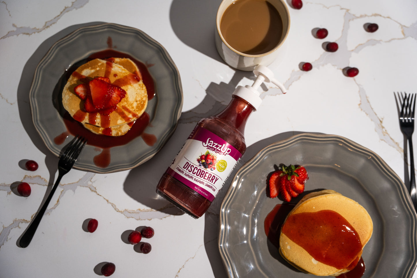 JazzUp® Discoberry Fruit Syrup and Drink Mixer - Less Sugar & Real Fruit Puree for Pancake, Waffles, Italian Sodas, Smoothies, and Beverage Mixing - 16 fl oz (Real Fruit: Strawberries, Raspberries, Blackberries, Cranberries)