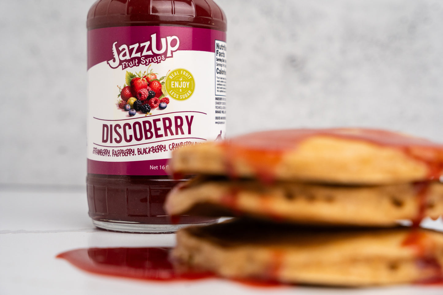 JazzUp® Discoberry Fruit Syrup and Drink Mixer - Less Sugar & Real Fruit Puree for Pancake, Waffles, Italian Sodas, Smoothies, and Beverage Mixing - 16 fl oz (Real Fruit: Strawberries, Raspberries, Blackberries, Cranberries)