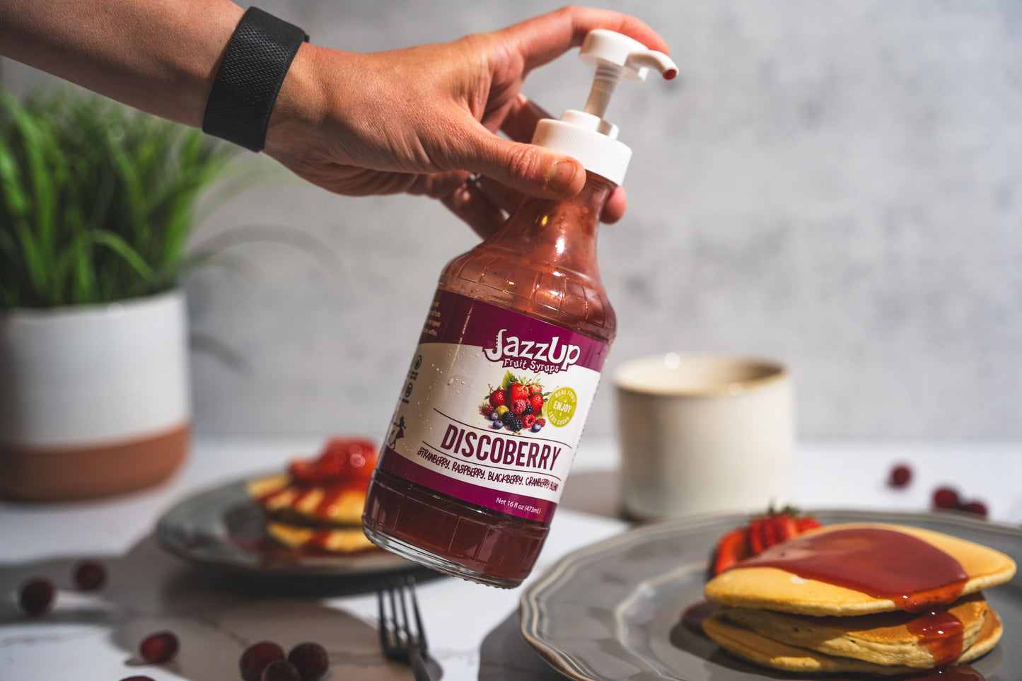 JazzUp® Discoberry Fruit Syrup and Drink Mixer - Less Sugar & Real Fruit Puree for Pancake, Waffles, Italian Sodas, Smoothies, and Beverage Mixing - 16 fl oz (Real Fruit: Strawberries, Raspberries, Blackberries, Cranberries)