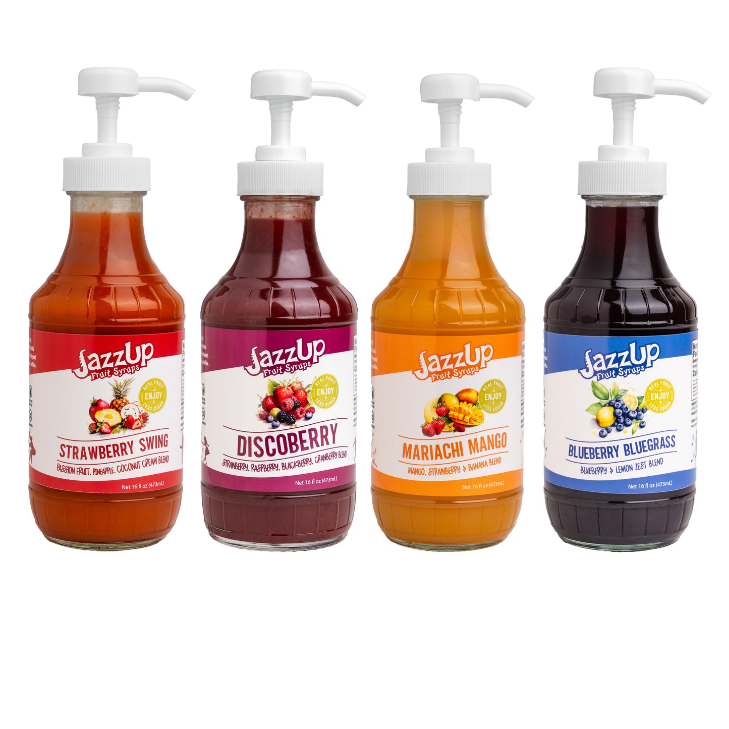JazzUp® Variety Pack Fruit Syrups and Drink Mixers- Less Sugar & Real Fruit Puree for Pancake, Italian Soda, Smoothie, and Beverage mixing - 16 fl oz (4 pack)