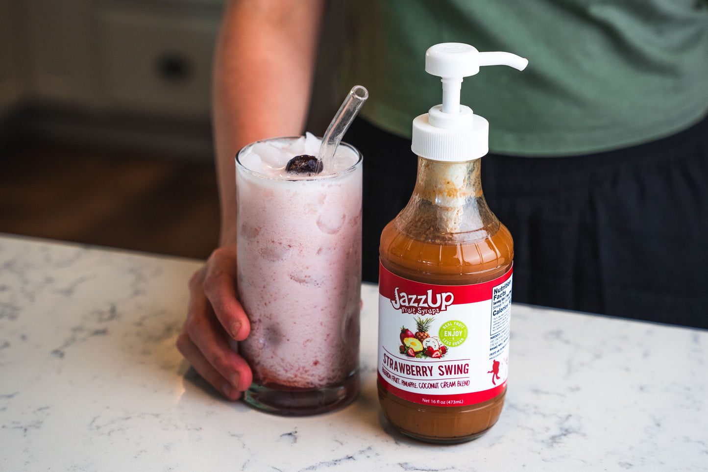 JazzUp® Strawberry Swing Fruit Syrup and Drink Mixer - Less Sugar & Real Fruit Puree for Pancake, Italian Soda, Smoothie, and Beverage Mixing - 16 fl oz (Real Fruit: Strawberry Puree, Passionfruit, Pineapple Juice, Coconut Cream)