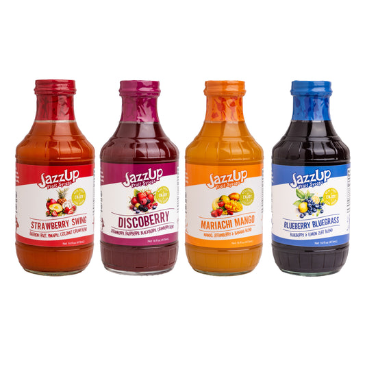 JazzUp® Variety Pack Fruit Syrups and Drink Mixers- Less Sugar & Real Fruit Puree for Pancake, Italian Soda, Smoothie, and Beverage mixing - 16 fl oz (4 pack)