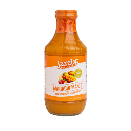 JazzUp® Mariachi Mango Fruit Syrup - Less Sugar & Real Fruit Puree for Pancake, Waffles, Italian Sodas, Smoothies, and Beverage Mixing- 16 fl oz (Real Fruit: Mangoes, Strawberries and Banana)