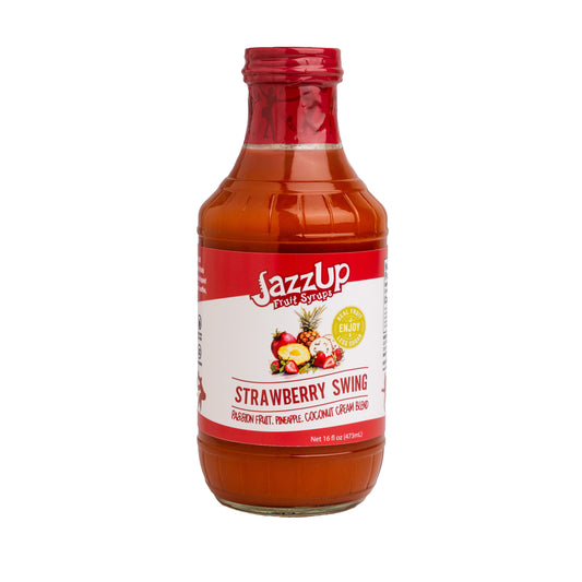 JazzUp® Strawberry Swing Fruit Syrup and Drink Mixer - Less Sugar & Real Fruit Puree for Pancake, Italian Soda, Smoothie, and Beverage Mixing - 16 fl oz (Real Fruit: Strawberry Puree, Passionfruit, Pineapple Juice, Coconut Cream)