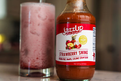JazzUp® Strawberry Swing Fruit Syrup and Drink Mixer - Less Sugar & Real Fruit Puree for Pancake, Italian Soda, Smoothie, and Beverage Mixing - 16 fl oz (Real Fruit: Strawberry Puree, Passionfruit, Pineapple Juice, Coconut Cream)