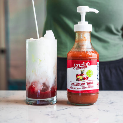 JazzUp® Strawberry Swing Fruit Syrup and Drink Mixer - Less Sugar & Real Fruit Puree for Pancake, Italian Soda, Smoothie, and Beverage Mixing - 16 fl oz (Real Fruit: Strawberry Puree, Passionfruit, Pineapple Juice, Coconut Cream)