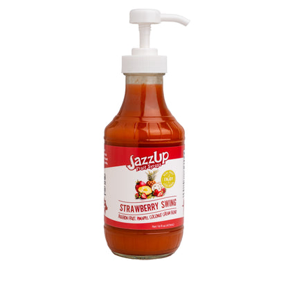 JazzUp® Strawberry Swing Fruit Syrup and Drink Mixer - Less Sugar & Real Fruit Puree for Pancake, Italian Soda, Smoothie, and Beverage Mixing - 16 fl oz (Real Fruit: Strawberry Puree, Passionfruit, Pineapple Juice, Coconut Cream)