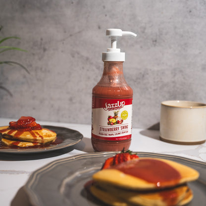 JazzUp® Strawberry Swing Fruit Syrup and Drink Mixer - Less Sugar & Real Fruit Puree for Pancake, Italian Soda, Smoothie, and Beverage Mixing - 16 fl oz (Real Fruit: Strawberry Puree, Passionfruit, Pineapple Juice, Coconut Cream)